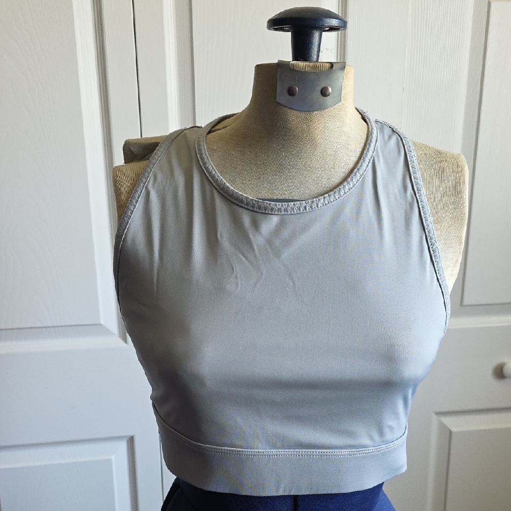 Fabletics Pink and Gray Sports Bra with High Neckline and Compression Fit